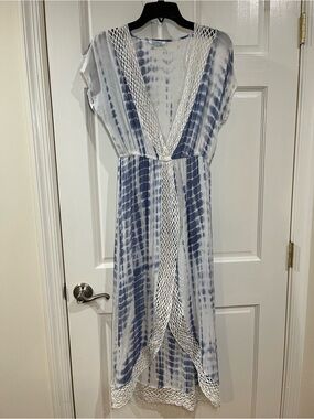 blue island Blue and White Tie-Dye Swim Cover-up with Crochet Panels